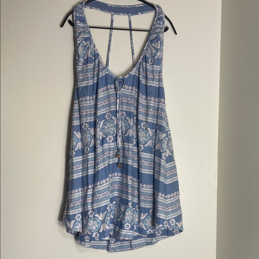 🌊 EUC Free People Fhiser Halter Mini Dress Blue Boho Linen Blend Size M 🌊 🐚
